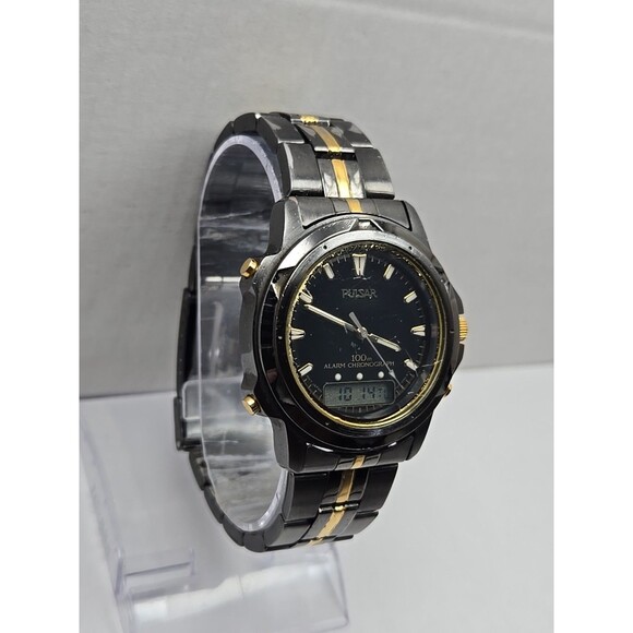Pulsar by Seiko V0720050 Alarm Chrono Ana Digi Watch Black Gold Mens New Battery - Picture 3 of 13